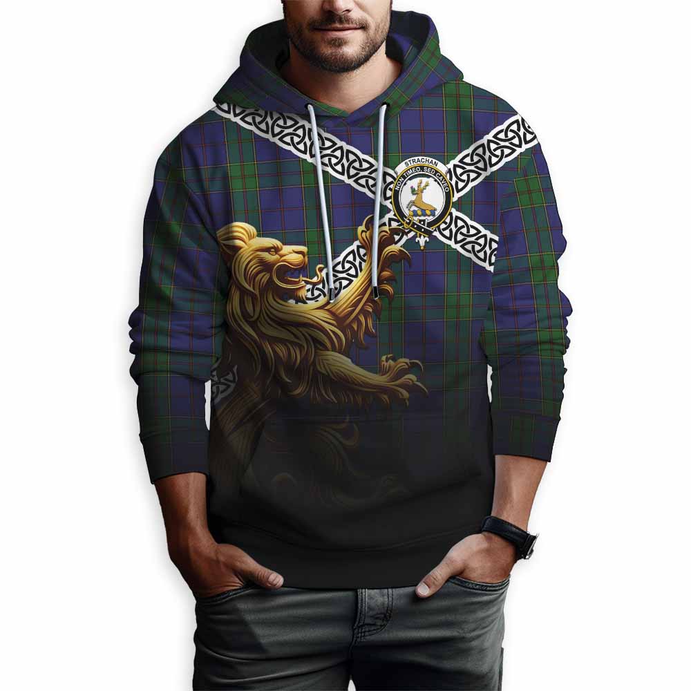 Tartan Vibes Clothing Strachan Crest Tartan Hoodie with Golden Lion Emblem Celtic Style