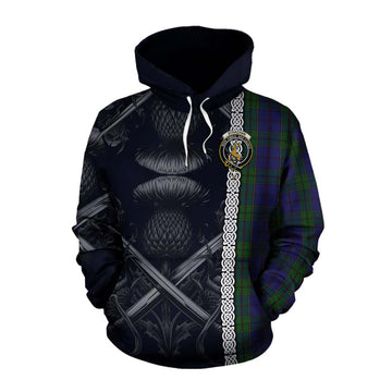 Tartan Vibes Clothing Strachan Tartan Cotton Hoodie with Family Crest Cross Sword Thistle Celtic Vibes