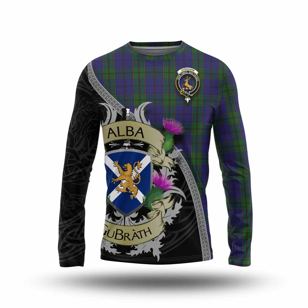 Tartan Vibes Clothing Strachan Tartan Family Crest Long Sleeve T-Shirt Lion Rampant Royal Thistle Shield Celtic Inspired