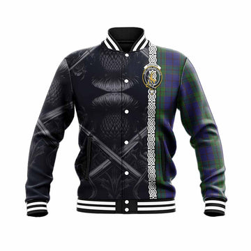 Tartan Vibes Clothing Strachan Tartan Baseball Jacket with Family Crest Cross Sword Thistle Celtic Vibes