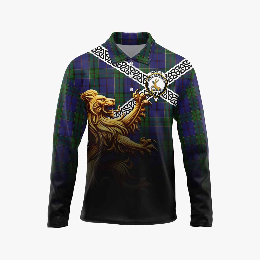 Tartan Vibes Clothing Strachan Crest Tartan Long Sleeve Polo Shirt with Golden Lion Emblem Celtic Style