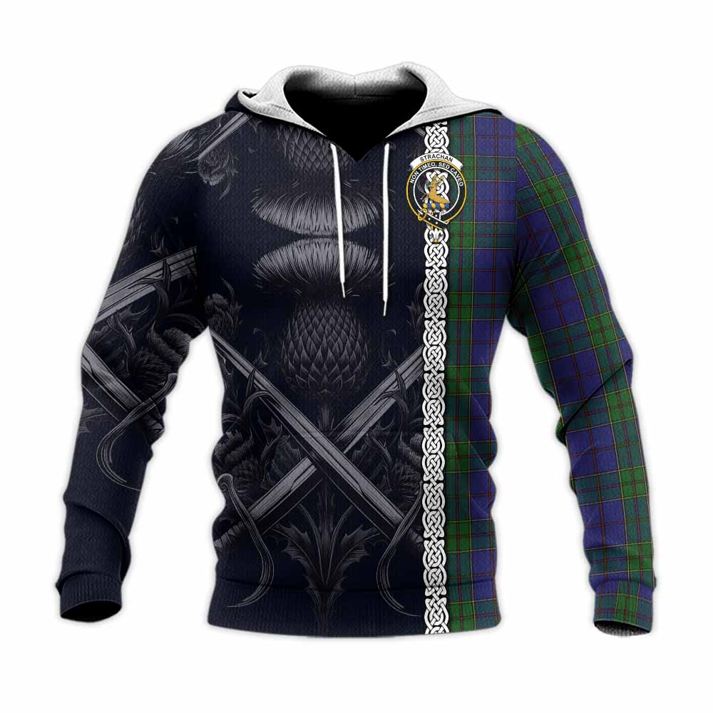Tartan Vibes Clothing Strachan Tartan Knitted Hoodie with Family Crest Cross Sword Thistle Celtic Vibes