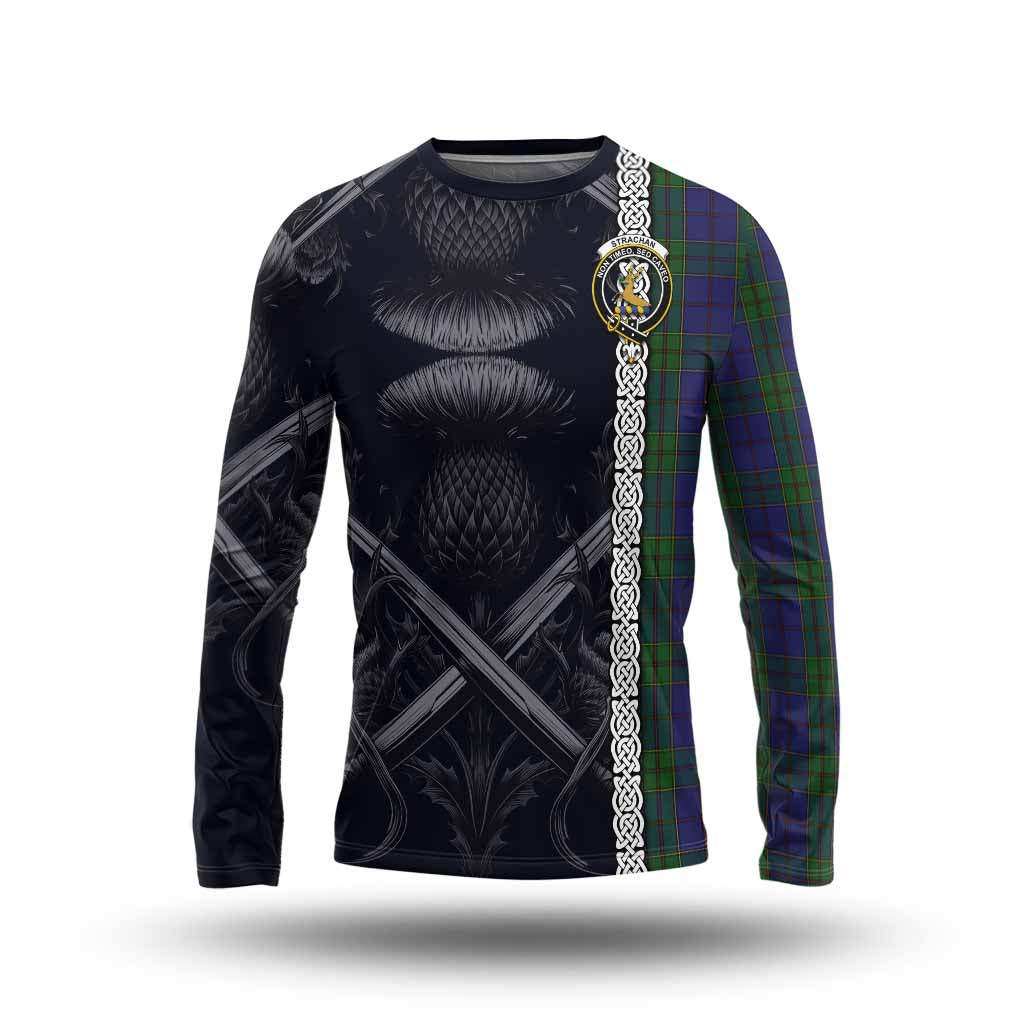 Tartan Vibes Clothing Strachan Tartan Long Sleeve T-Shirt with Family Crest Cross Sword Thistle Celtic Vibes