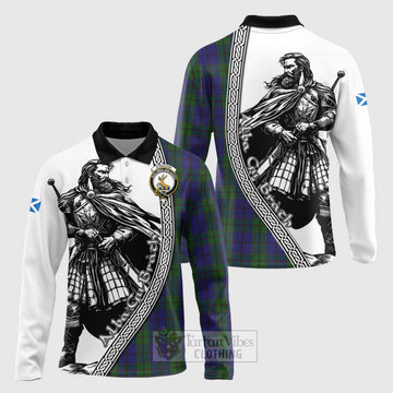 Tartan Vibes Clothing Strachan Tartan Clan Crest Long Sleeve Polo Shirt with Highlander Warrior Celtic Style