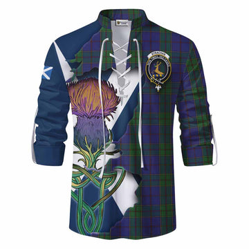 Strachan Tartan Family Crest Ghillie Kilt Shirt Scottish Thistle Celtic Inspired