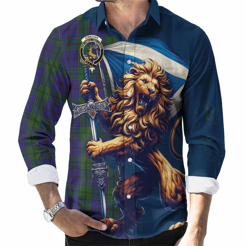 Tartan Vibes Clothing Strachan Tartan Family Crest Long Sleeve Button Shirt with Scottish Majestic Lion