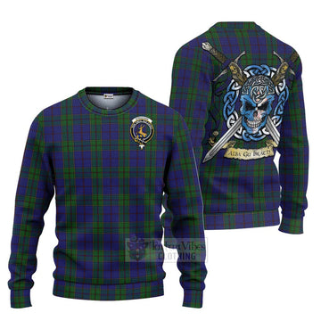 Tartan Vibes Clothing Strachan Tartan Knitted Sweater with Family Crest Celtic Skull Style
