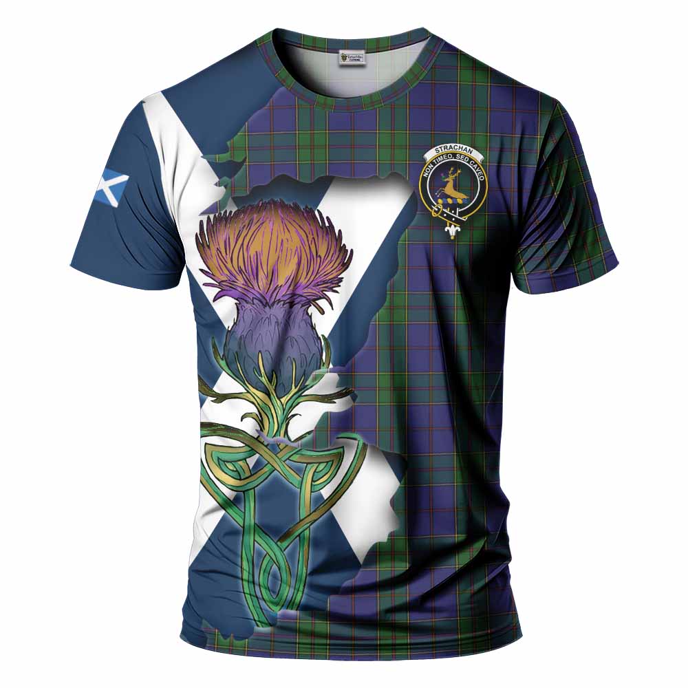 Tartan Vibes Clothing Strachan Tartan Family Crest T-Shirt Scottish Thistle Celtic Inspired