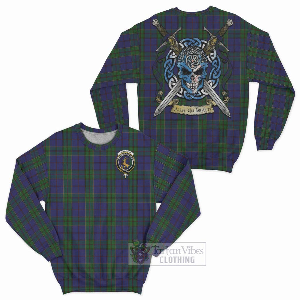 Tartan Vibes Clothing Strachan Tartan Sweatshirt with Family Crest Celtic Skull Style