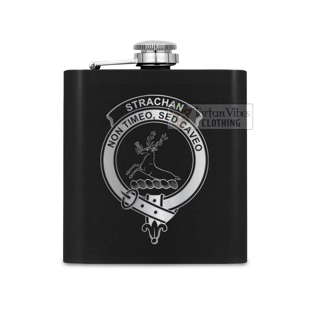 Tartan Vibes Clothing Strachan Crest Hip Flask Set 7oz Black Stainless Steel with A Gift Box