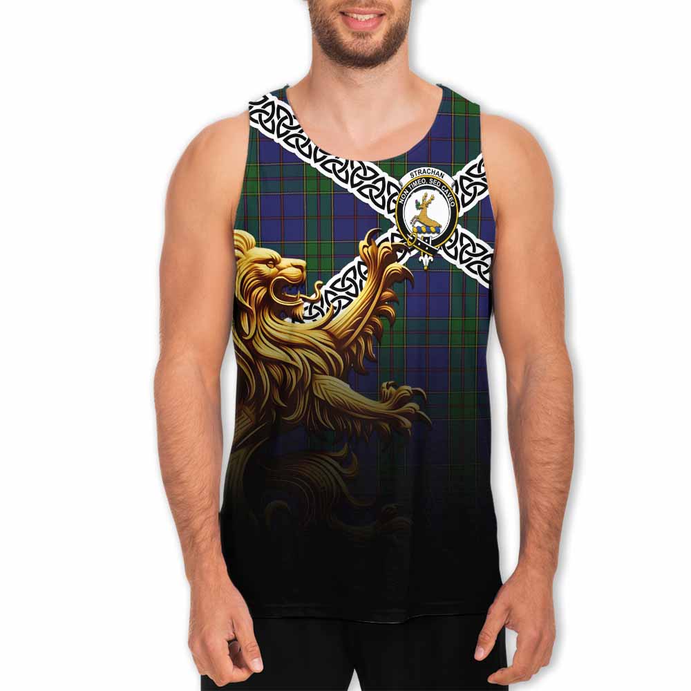Tartan Vibes Clothing Strachan Crest Tartan Men's Tank Top with Golden Lion Emblem Celtic Style