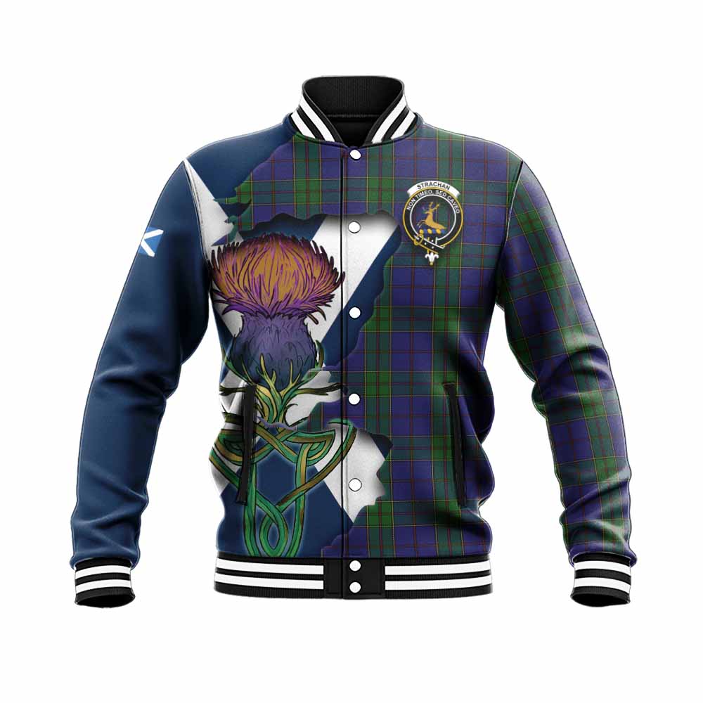 Tartan Vibes Clothing Strachan Tartan Family Crest Baseball Jacket Scottish Thistle Celtic Inspired