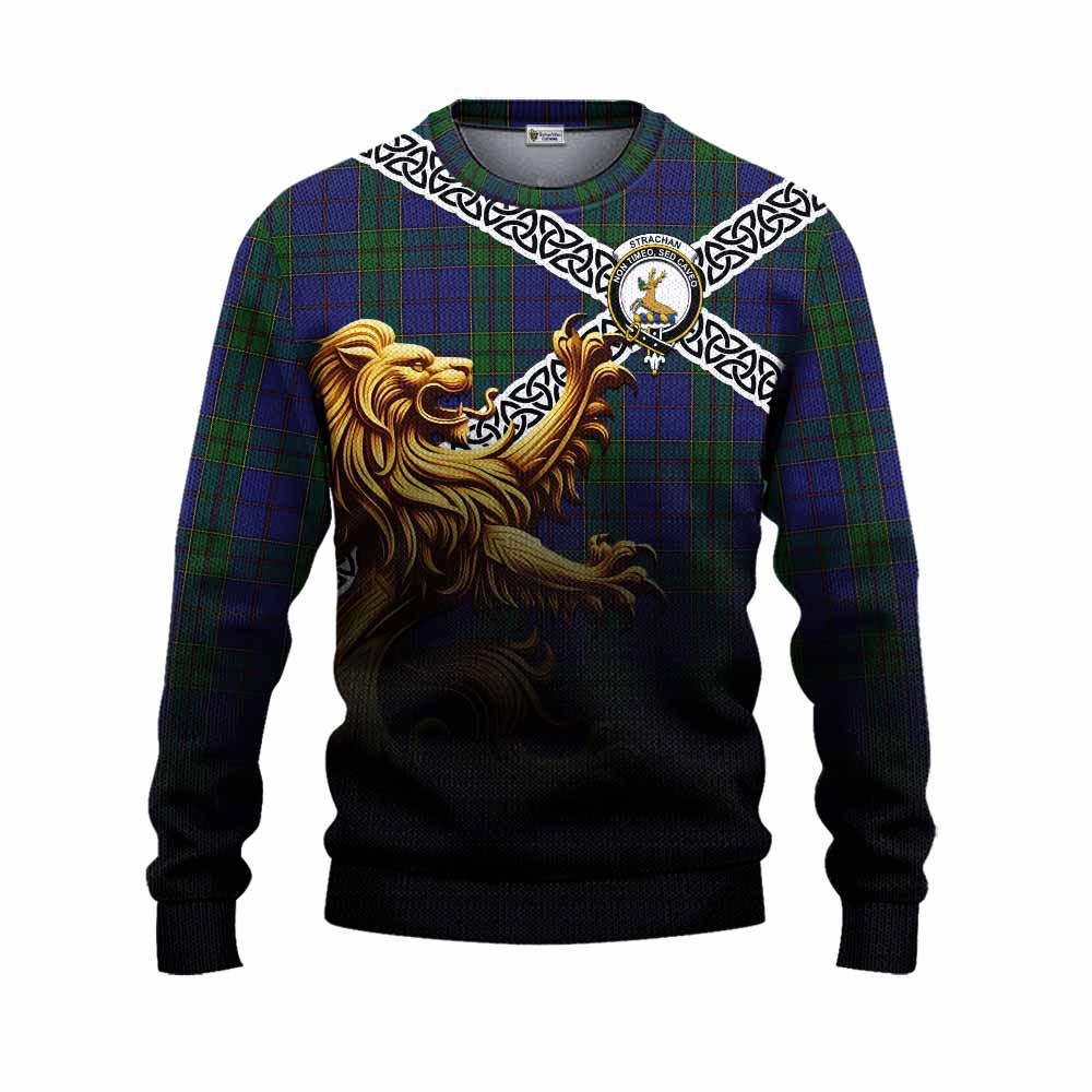 Tartan Vibes Clothing Strachan Crest Tartan Knitted Sweater with Golden Lion Emblem Celtic Style