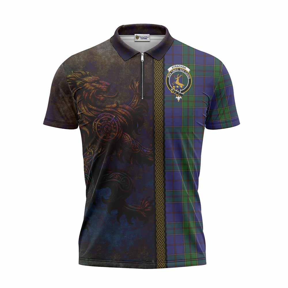 Tartan Vibes Clothing Strachan Tartan Family Crest Zipper Polo Shirt Alba Gu Brath Be Brave Lion Ancient Style