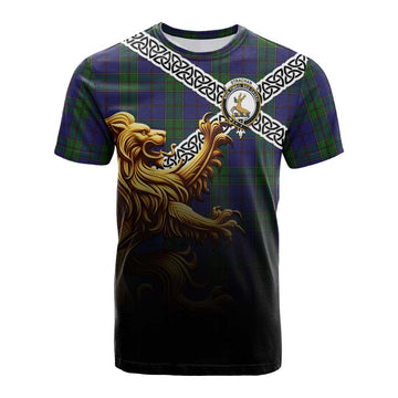 Tartan Vibes Clothing Strachan Crest Tartan Cotton T-shirt with Golden Lion Emblem Celtic Style