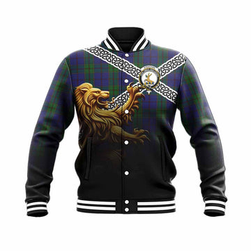 Strachan Crest Tartan Baseball Jacket with Golden Lion Emblem Celtic Style