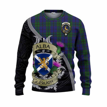 Tartan Vibes Clothing Strachan Tartan Family Crest Knitted Sweater Lion Rampant Royal Thistle Shield Celtic Inspired