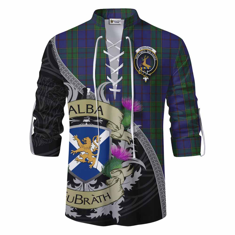 Tartan Vibes Clothing Strachan Tartan Family Crest Ghillie Kilt Shirt Lion Rampant Royal Thistle Shield Celtic Inspired