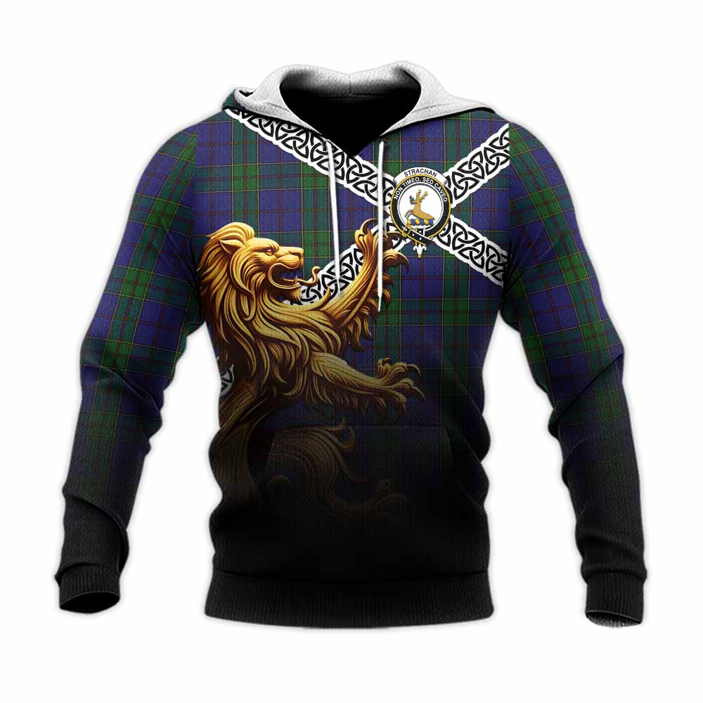 Tartan Vibes Clothing Strachan Crest Tartan Knitted Hoodie with Golden Lion Emblem Celtic Style