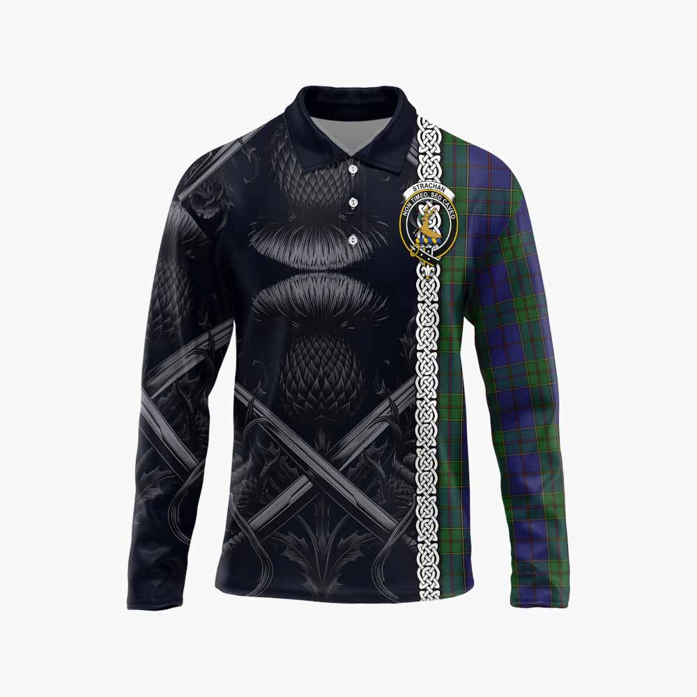 Tartan Vibes Clothing Strachan Tartan Long Sleeve Polo Shirt with Family Crest Cross Sword Thistle Celtic Vibes