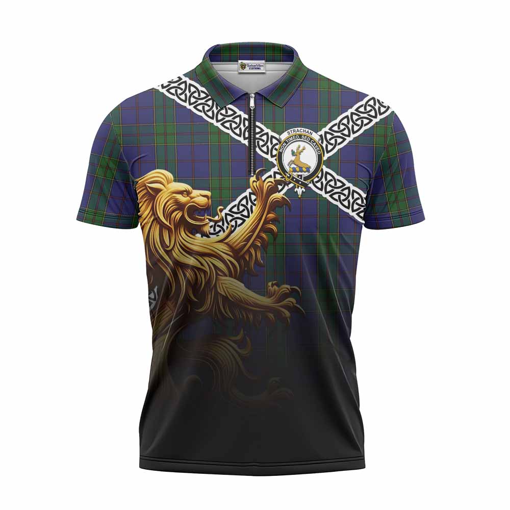 Strachan Crest Tartan Zipper Polo Shirt with Golden Lion Emblem Celtic Style Unisex - Tartan Vibes Clothing