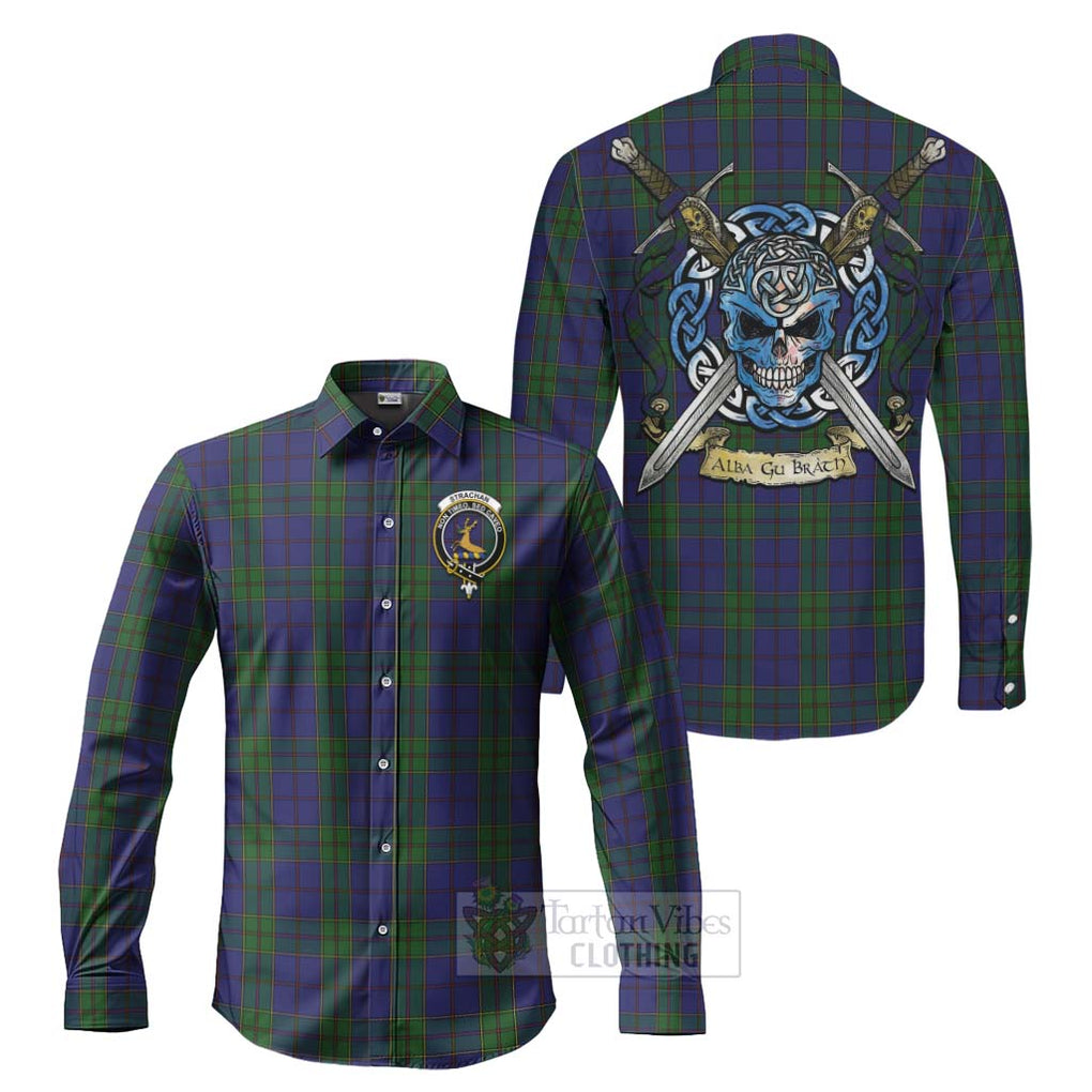 Tartan Vibes Clothing Strachan Tartan Long Sleeve Button Shirt with Family Crest Celtic Skull Style
