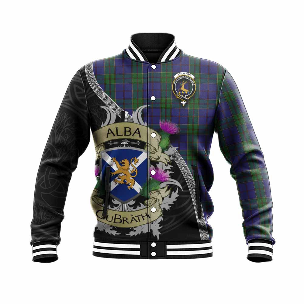 Tartan Vibes Clothing Strachan Tartan Family Crest Baseball Jacket Lion Rampant Royal Thistle Shield Celtic Inspired