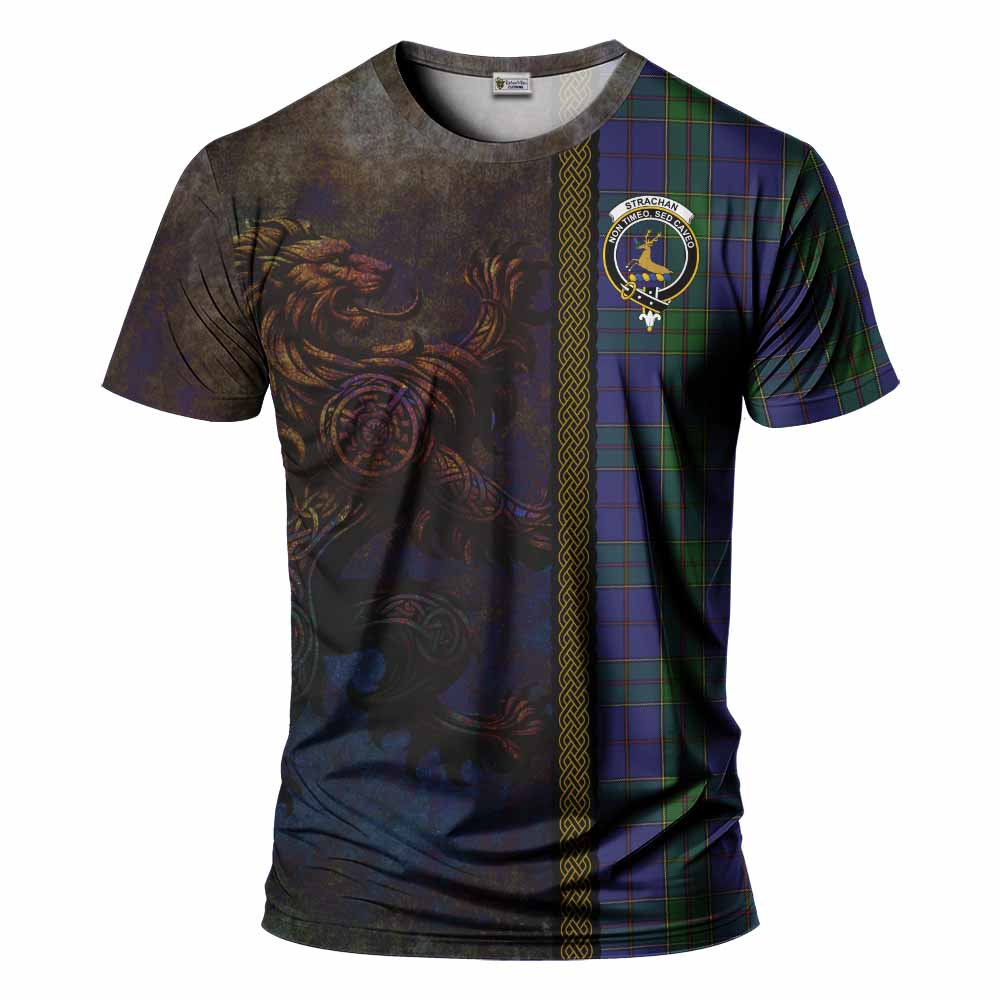 Tartan Vibes Clothing Strachan Tartan Family Crest T-Shirt Alba Gu Brath Be Brave Lion Ancient Style