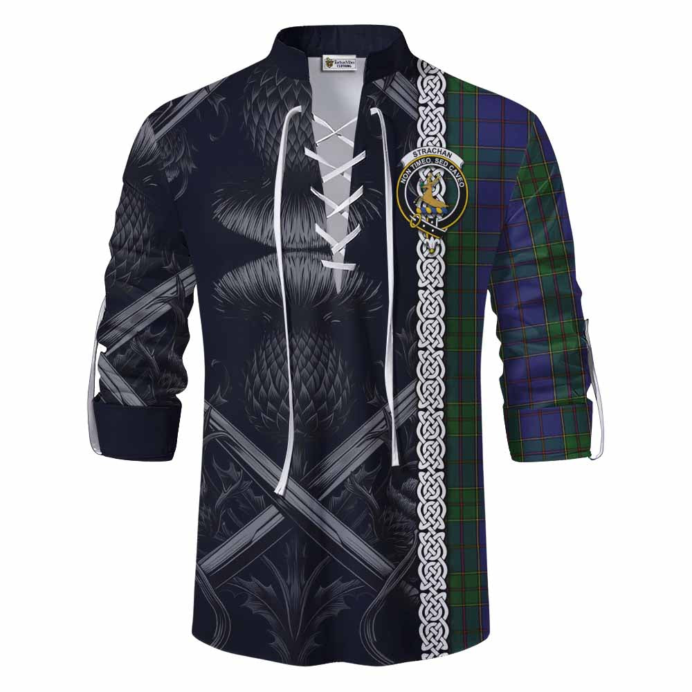 Tartan Vibes Clothing Strachan Tartan Ghillie Kilt Shirt with Family Crest Cross Sword Thistle Celtic Vibes