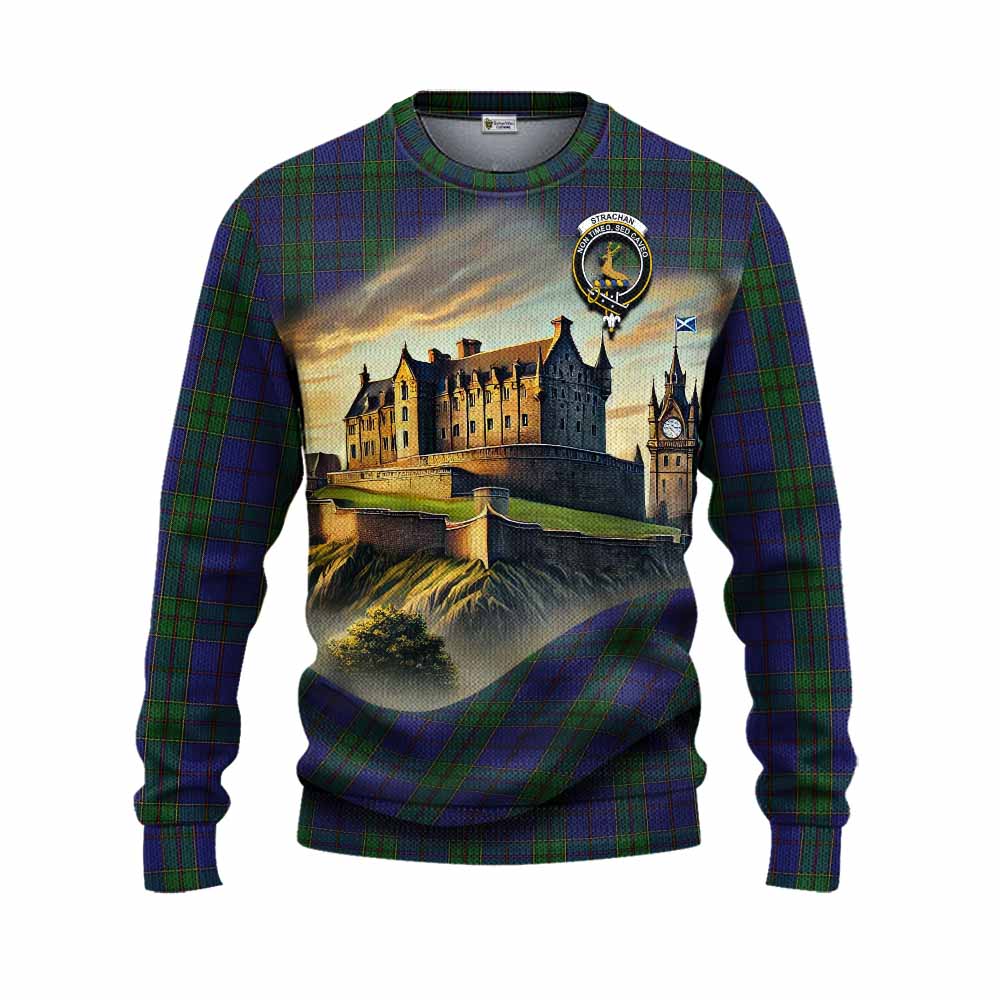 Tartan Vibes Clothing Strachan Tartan Family Crest Knitted Sweater with Scottish Ancient Castle Style