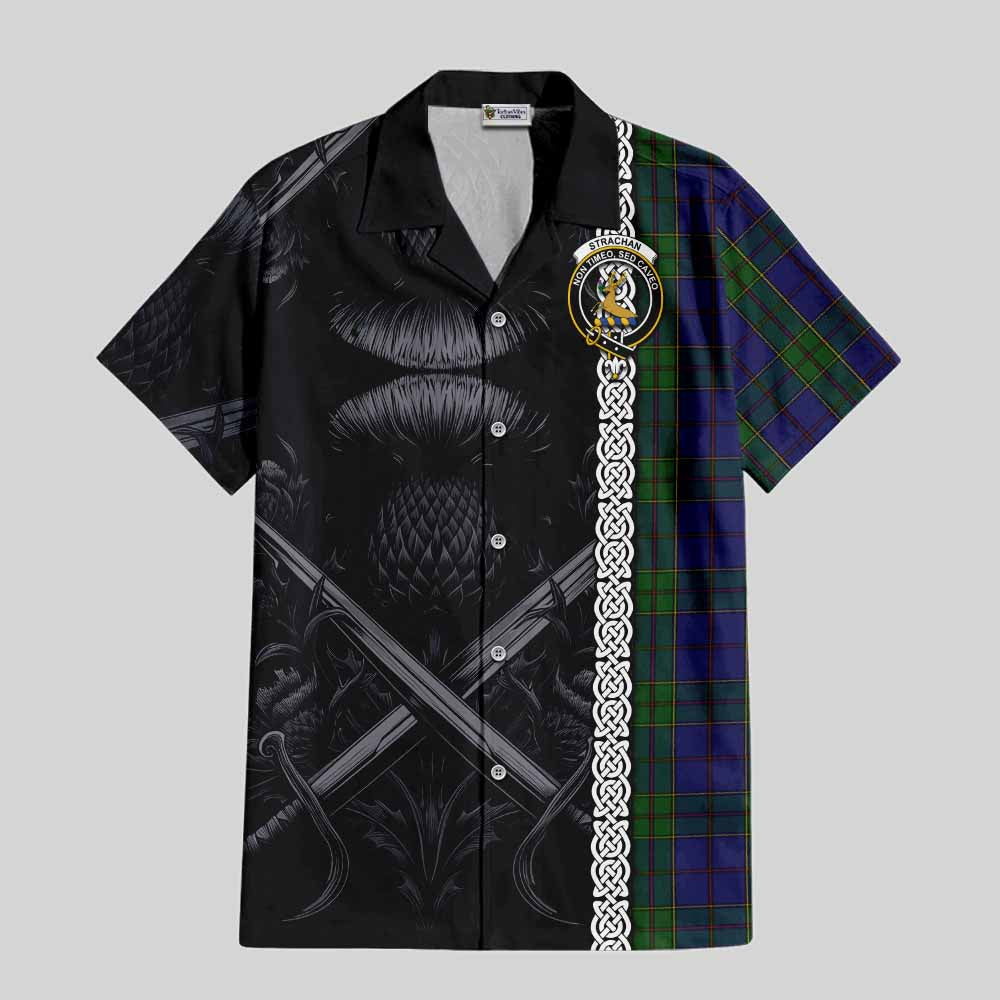 Tartan Vibes Clothing Strachan Tartan Short Sleeve Button Shirt with Family Crest Cross Sword Thistle Celtic Vibes