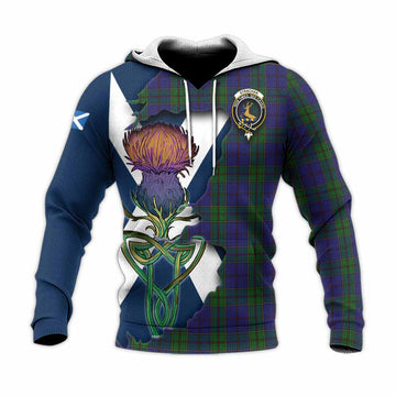 Strachan Tartan Family Crest Knitted Hoodie Scottish Thistle Celtic Inspired