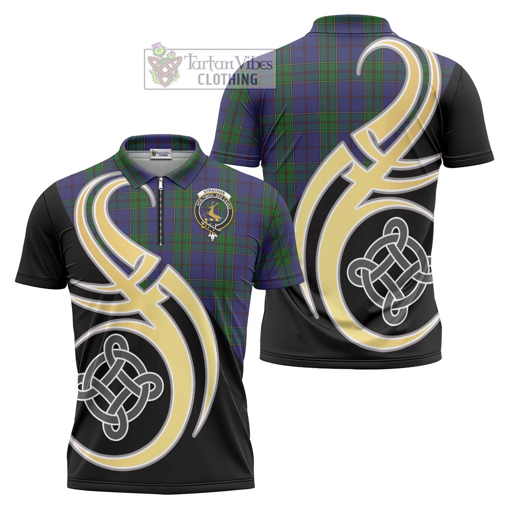 Tartan Vibes Clothing Strachan Tartan Zipper Polo Shirt with Family Crest and Celtic Symbol Style