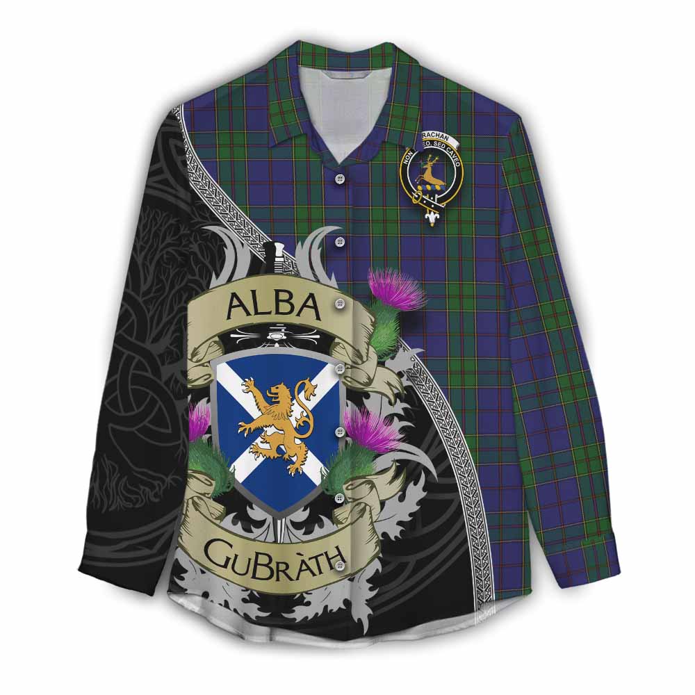 Tartan Vibes Clothing Strachan Tartan Family Crest Women's Casual Shirt Lion Rampant Royal Thistle Shield Celtic Inspired