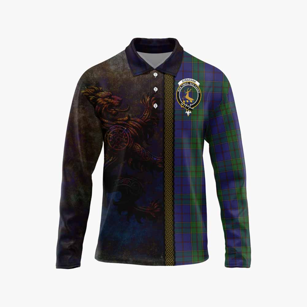 Tartan Vibes Clothing Strachan Tartan Family Crest Long Sleeve Polo Shirt Alba Gu Brath Be Brave Lion Ancient Style