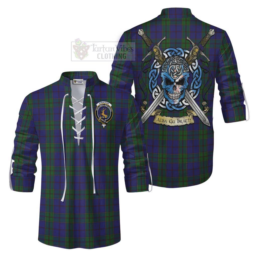 Tartan Vibes Clothing Strachan Tartan Ghillie Kilt Shirt with Family Crest Celtic Skull Style