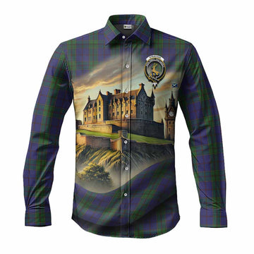 Strachan Tartan Family Crest Long Sleeve Button Shirt with Scottish Ancient Castle Style