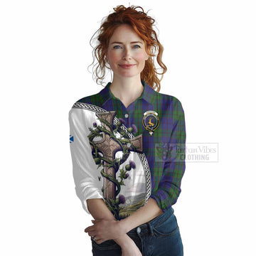Strachan Tartan Women's Casual Shirt with Family Crest and St. Andrew's Cross Accented by Thistle Vines