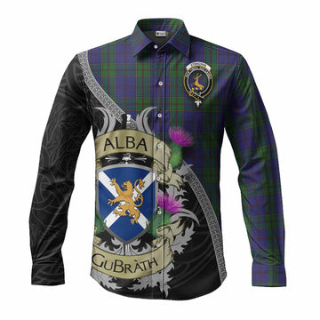 Strachan Tartan Family Crest Long Sleeve Button Shirt Lion Rampant Royal Thistle Shield Celtic Inspired