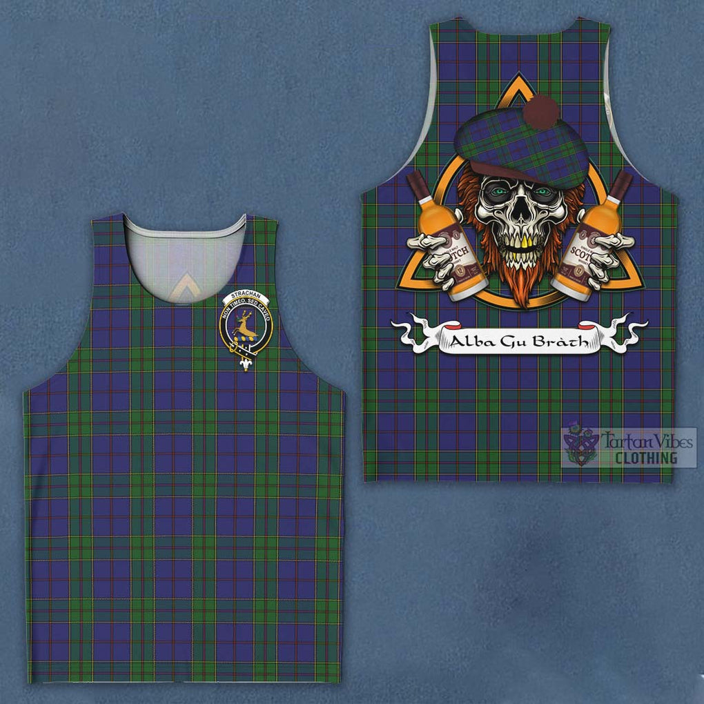 Tartan Vibes Clothing Strachan Tartan Men's Tank Top with Family Crest and Bearded Skull Holding Bottles of Whiskey