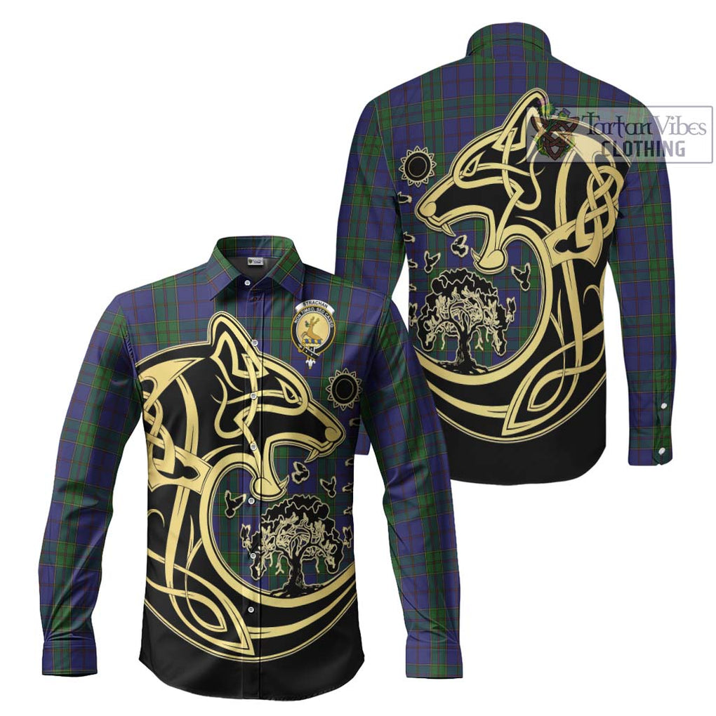Strachan Tartan Long Sleeve Button Shirt with Family Crest Celtic Wolf Style Men's Shirt S - Tartan Vibes Clothing
