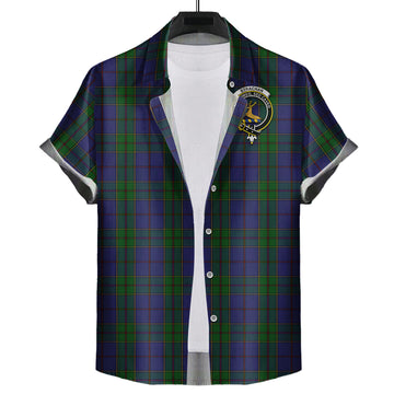 Strachan Tartan Short Sleeve Button Down Shirt with Family Crest