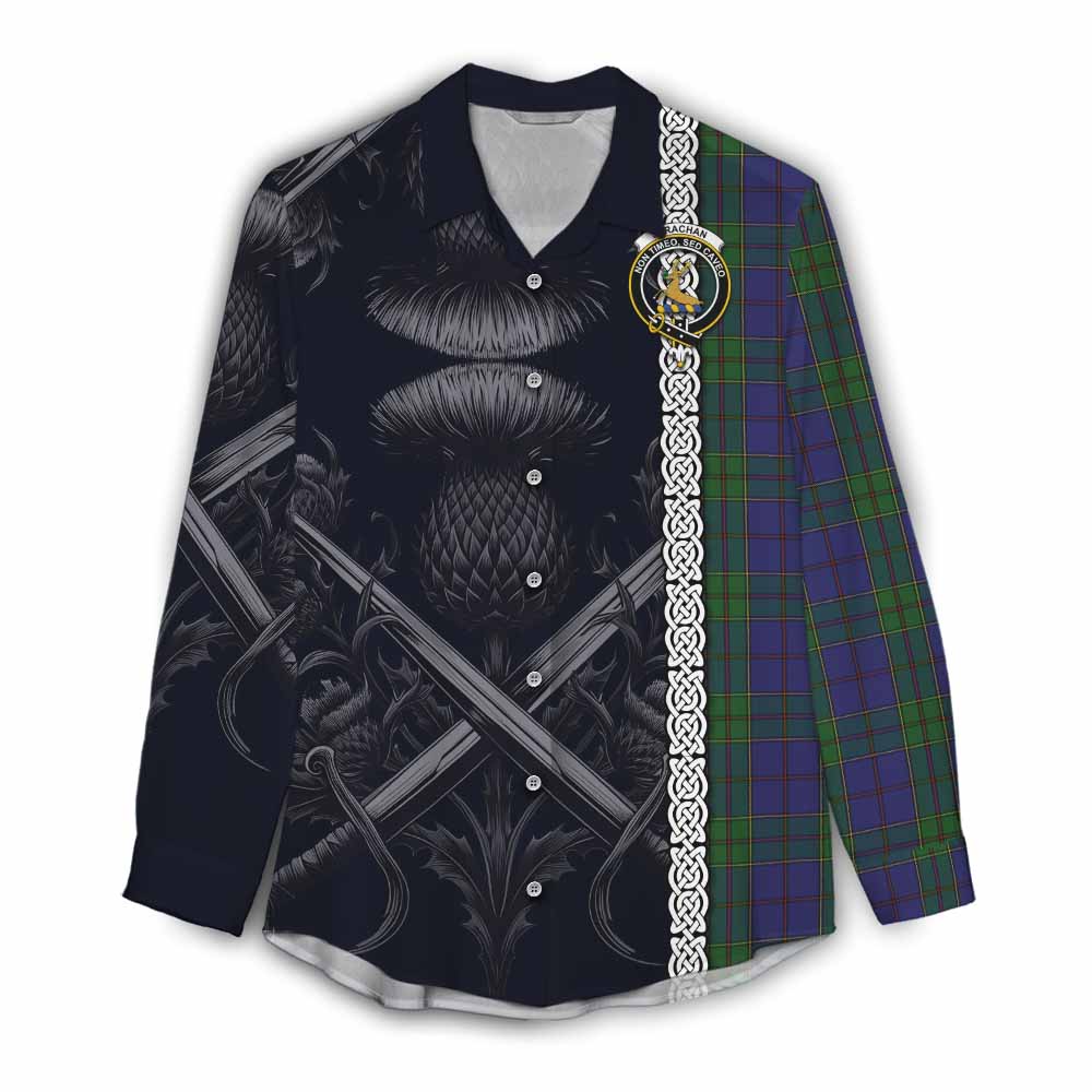 Tartan Vibes Clothing Strachan Tartan Women's Casual Shirt with Family Crest Cross Sword Thistle Celtic Vibes