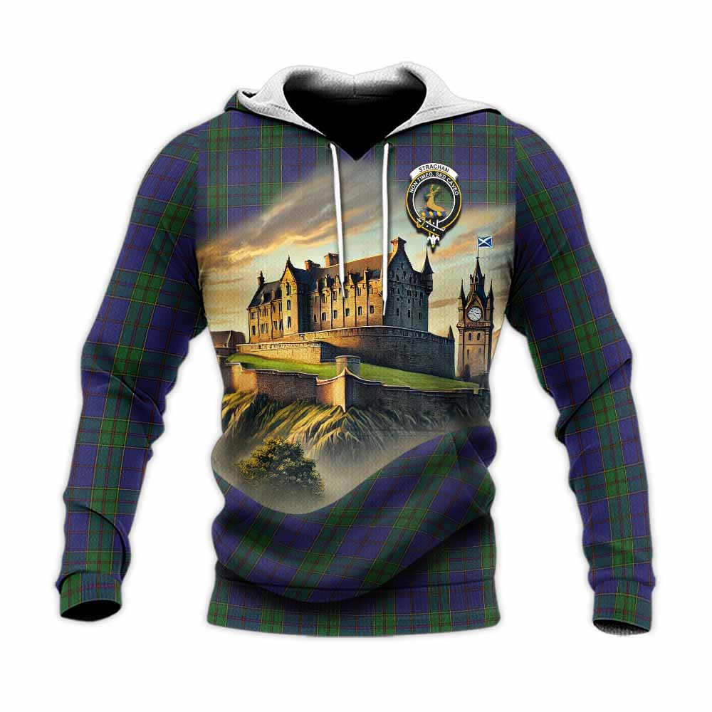 Tartan Vibes Clothing Strachan Tartan Family Crest Knitted Hoodie with Scottish Ancient Castle Style