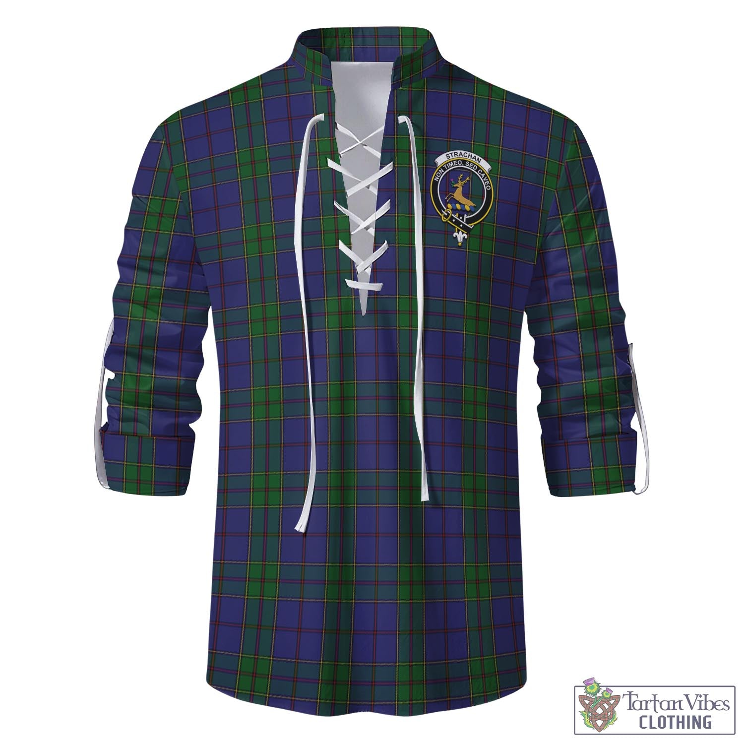Tartan Vibes Clothing Strachan Tartan Men's Scottish Traditional Jacobite Ghillie Kilt Shirt with Family Crest