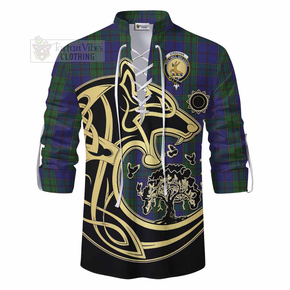 Tartan Vibes Clothing Strachan Tartan Ghillie Kilt Shirt with Family Crest Celtic Wolf Style
