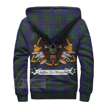 Tartan Vibes Clothing Strachan Tartan Sherpa Hoodie with Family Crest and Bearded Skull Holding Bottles of Whiskey