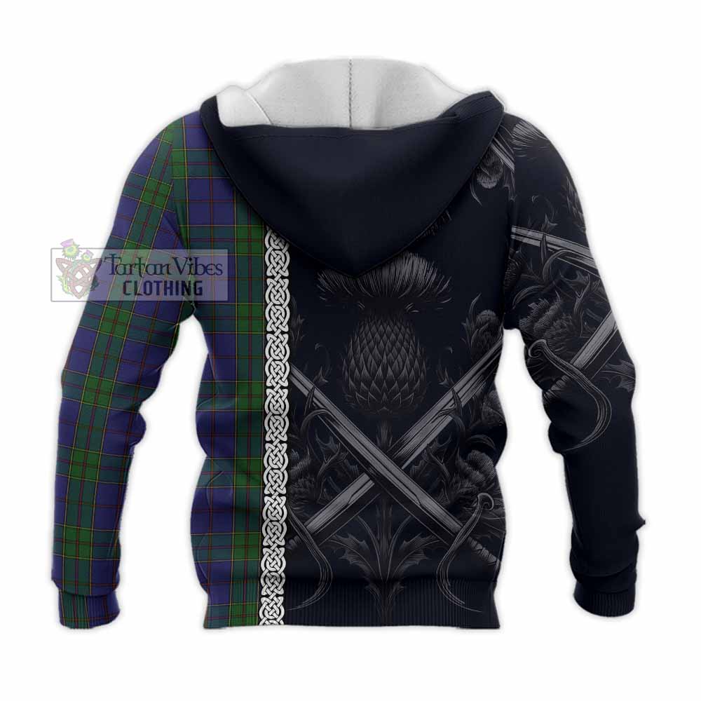 Tartan Vibes Clothing Strachan Tartan Knitted Hoodie with Family Crest Cross Sword Thistle Celtic Vibes