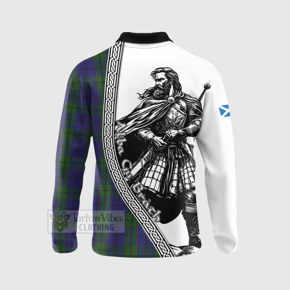 Tartan Vibes Clothing Strachan Tartan Clan Crest Long Sleeve Polo Shirt with Highlander Warrior Celtic Style