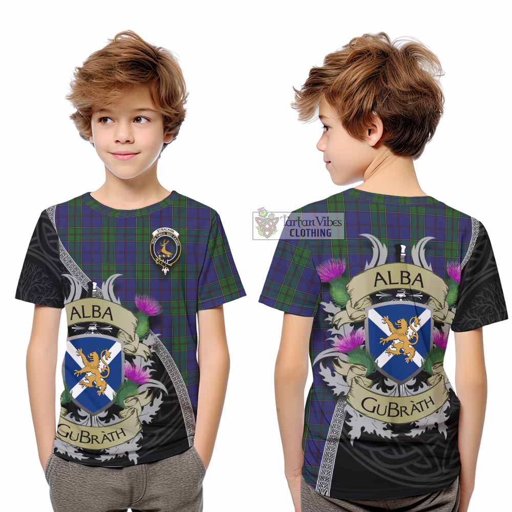 Tartan Vibes Clothing Strachan Tartan Family Crest Kid T-Shirt Lion Rampant Royal Thistle Shield Celtic Inspired